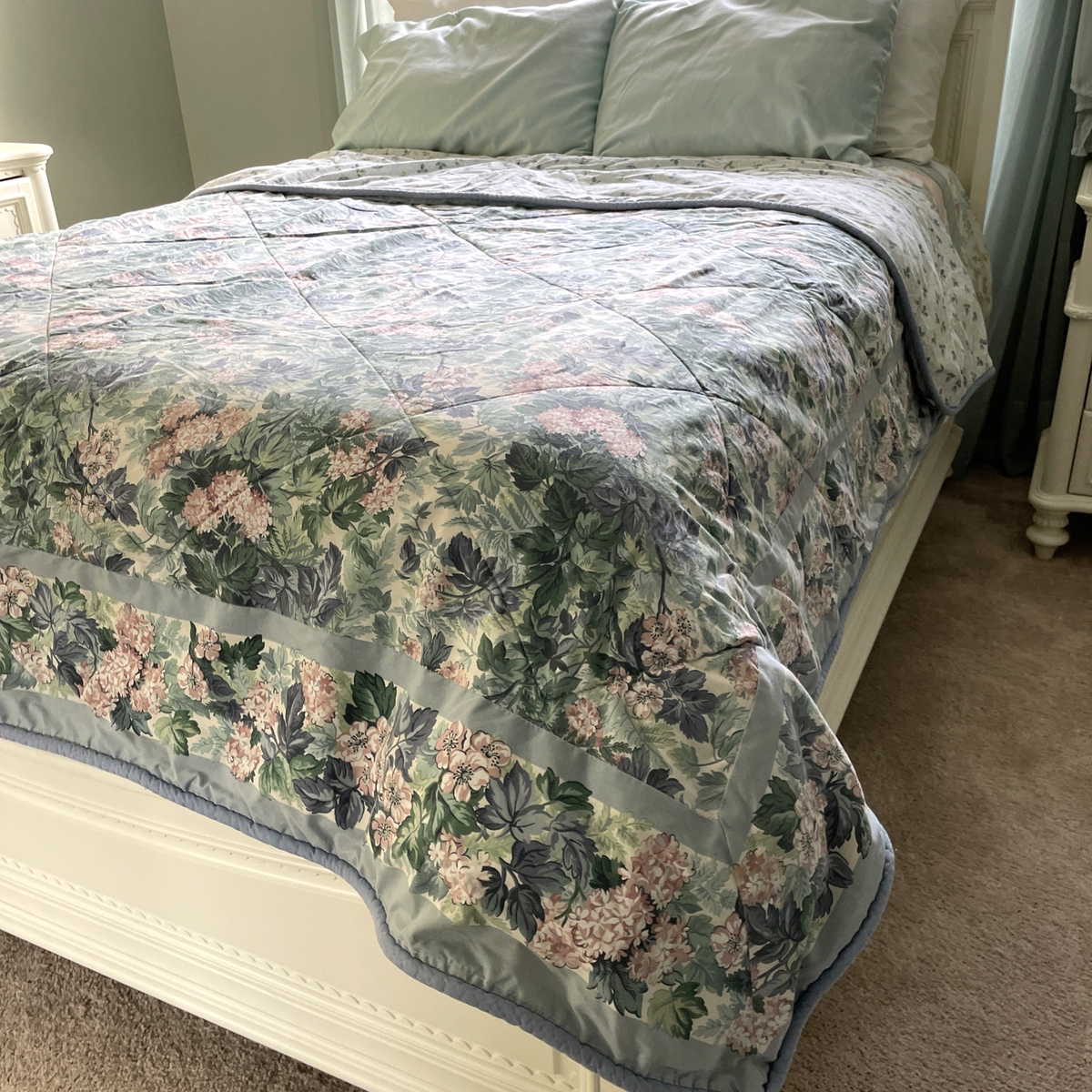 VTG 80s Laura Ashley Comforter Ashborne Blue Hydrangea Full 76X86