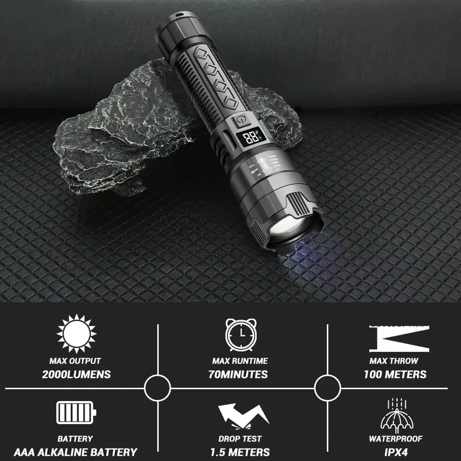 High Strong Power Led Flashlights 2000LM Tactical Torch with Display Light USB C - Bild 4 von 4