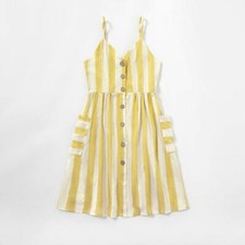 Girl's Yellow  White Stripe Cotton Summer Beach Sleeveless Midi Sun Dress NWT