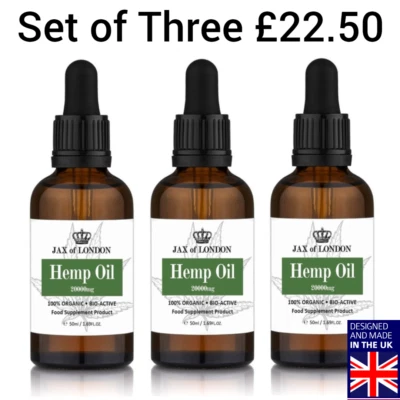 PLUS Pack Of Three Organic Hemp Seed Oil 20,000mg -Dropper Bottle 50ml -