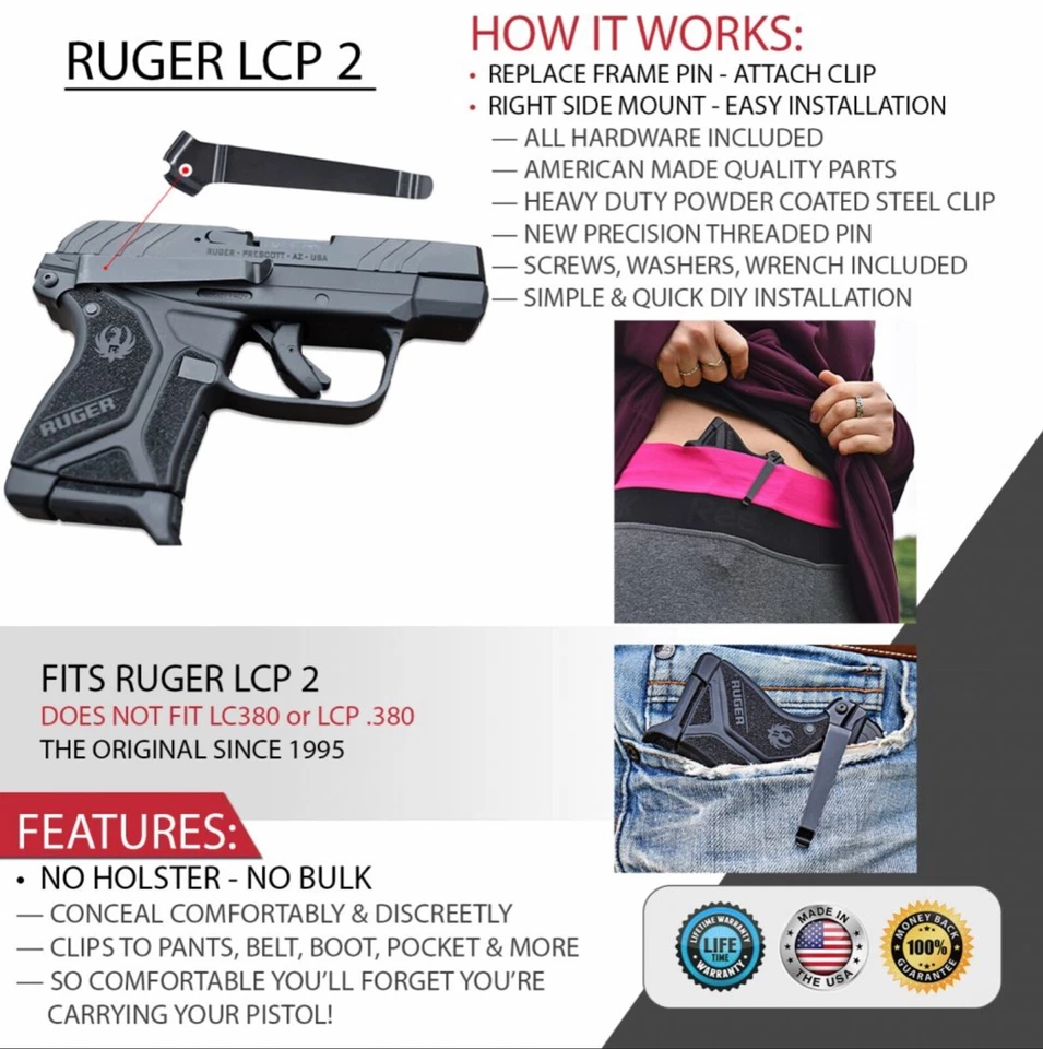 Clipdraw for Ruger LCP2 380 22 Belt Clip Conceal Carry Black LCP2-B Waistband - Image 3 of 4