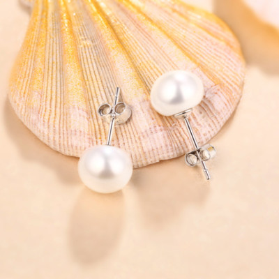925 Sterling Silver Classic Genuine Freshwater Pearl Stud Earrings 8mm-10mm Gift