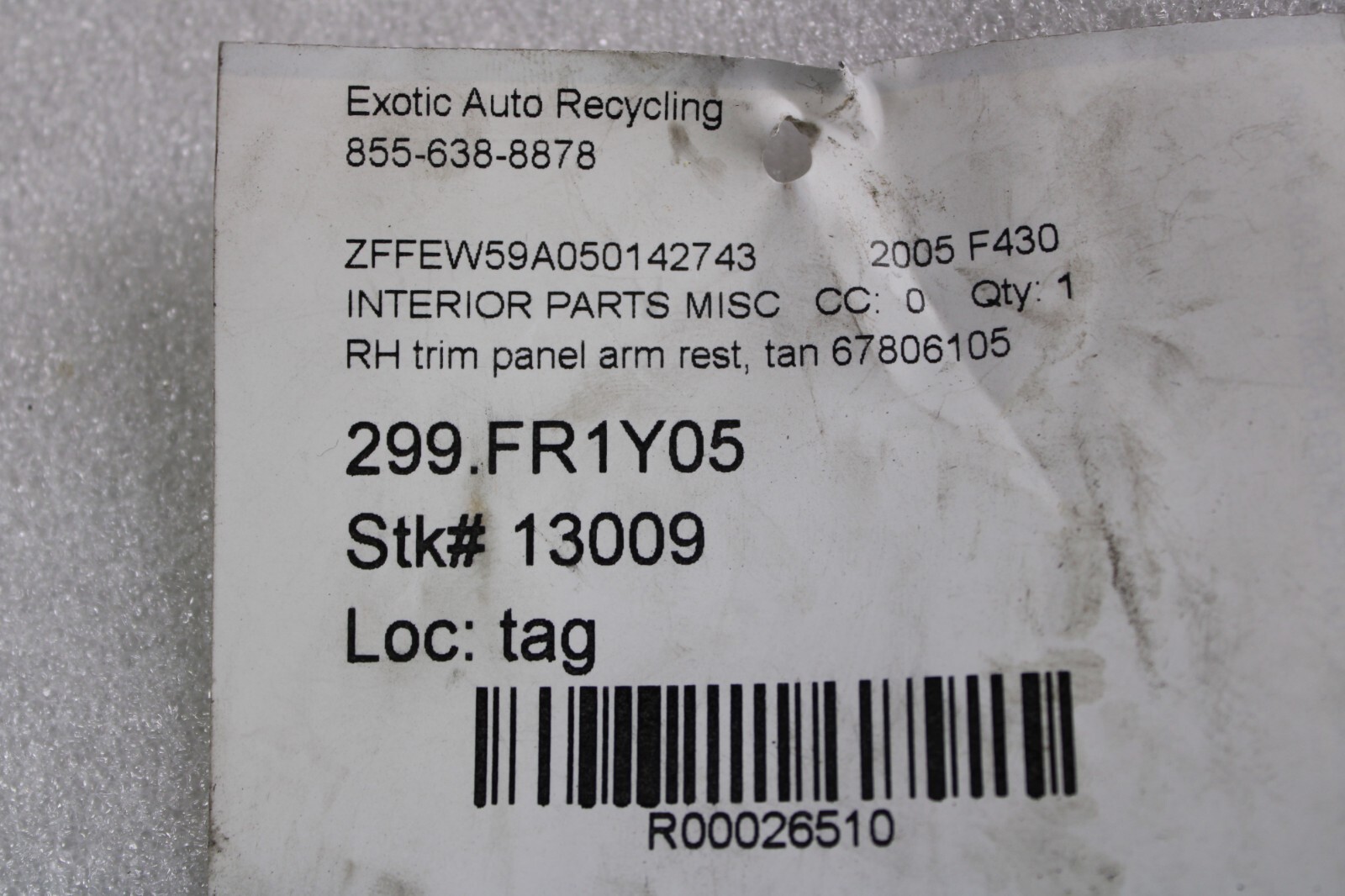 Ferrari F430, RH, Right, Door Arm Rest Trim Panel, Tan, Used, P/N 67806105