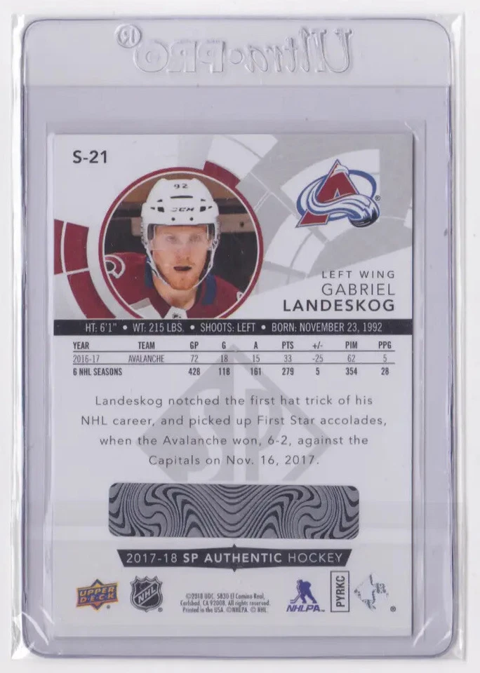 2017-18 UD SP AUTHENTIC SPECTRUM FX INSERT GABRIEL LANDESKOG #S-21 AVALANCHE - Image 2 of 2