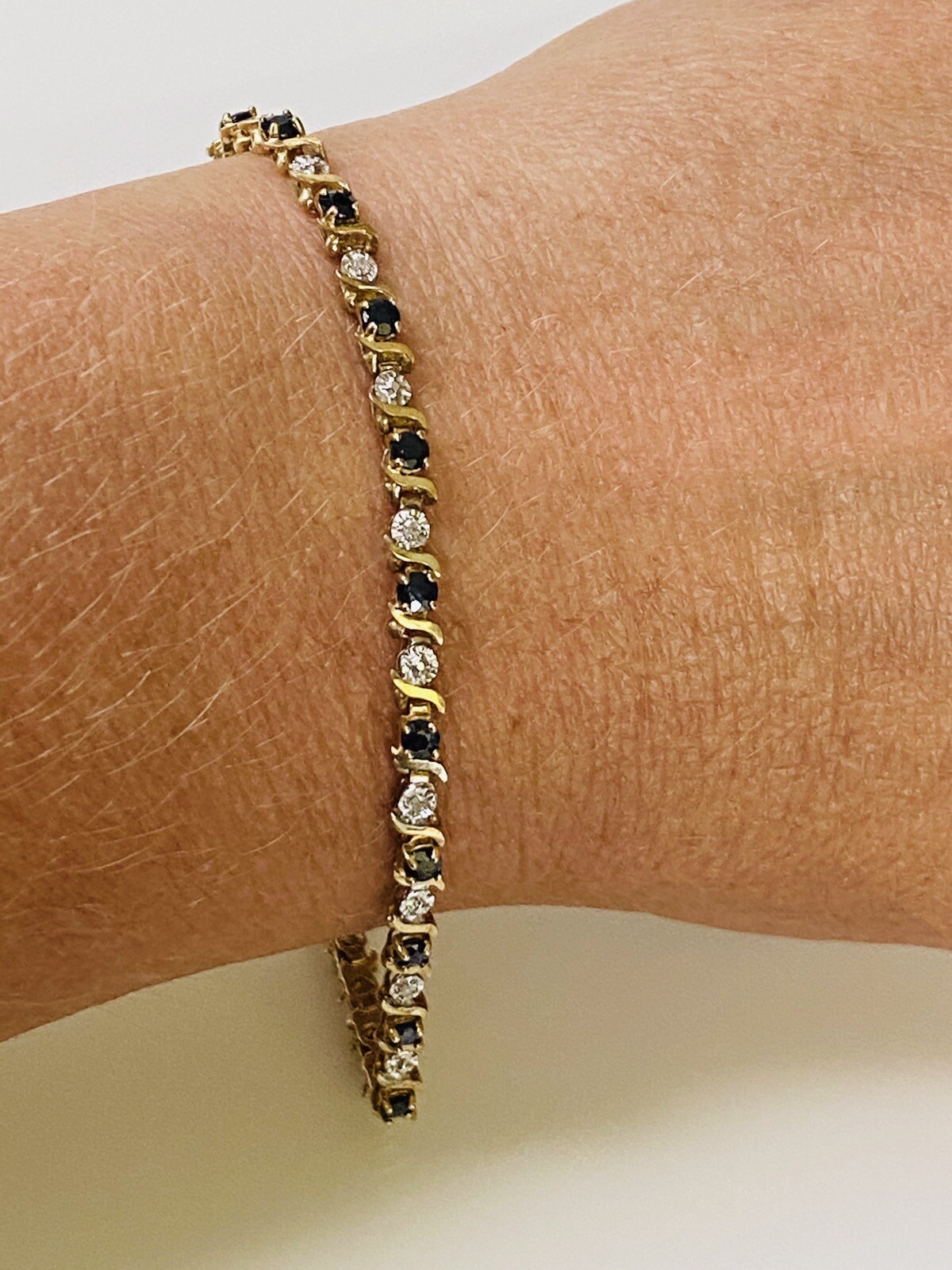 10K Yellow Gold Blue Sapphire And Diamond Accent Tennis Bracelet eBay