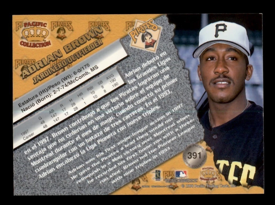 SIGNED 1998 PACIFIC CROWN COLLECTION #391 ADRIAN BROWN AUTOGRAPH PIRATES - Image 2 of 2