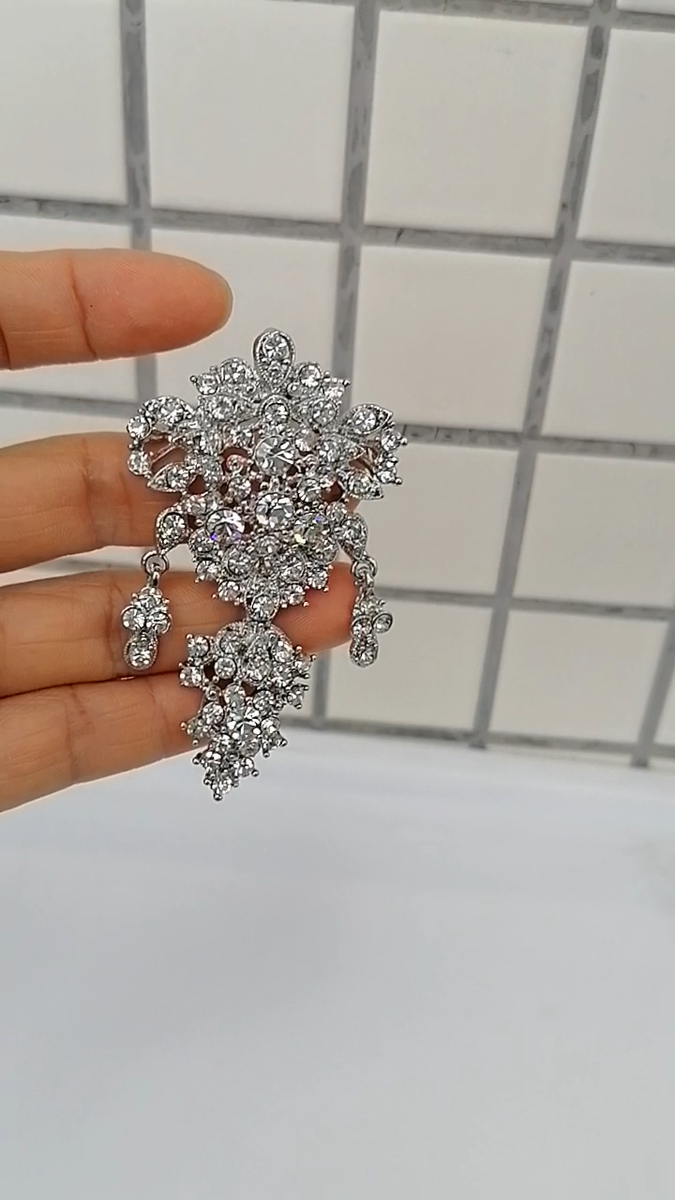Elegant 2.95 Inch Clear Rhinestone Crystal Flower Brooch Pin