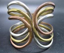 Hinged Cuff Bracelet Tri Color Copper Silver Gold Tone Modern Wave Butterfly