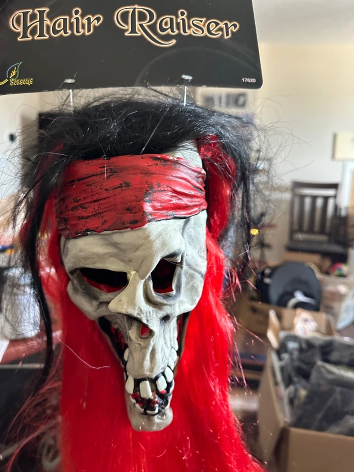 Latex Pirate Skull Red Beard Hooded Shroud Creature Mask Adult Halloween Costume - Image 4 of 4