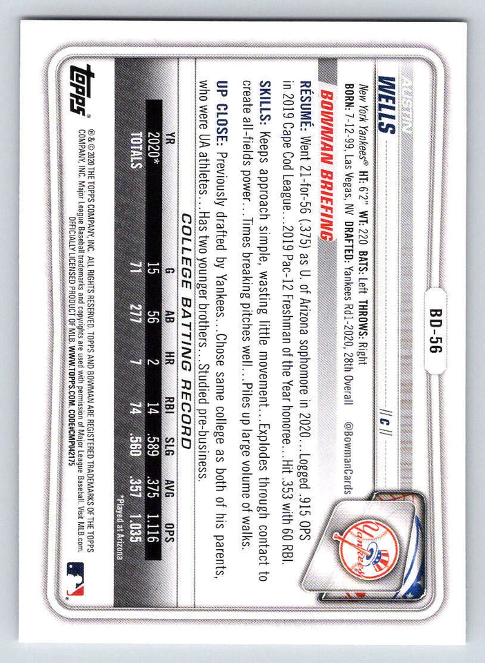 2020 Bowman Draft 1st Edition #BD56 Austin Wells (ref 214783) - Image 2 of 2