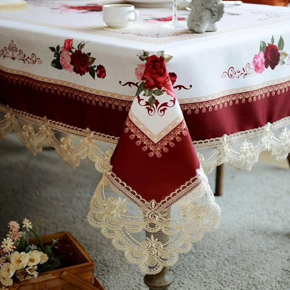 Antique Flower Lace Tablecloth 60x104" Burgundy - Image 4 of 4