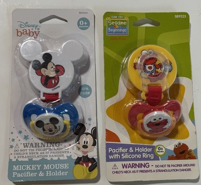 Disney Baby Mickey Mouse Pacifier And Holder Set Elmo Set Of 2 NEW Blue Red