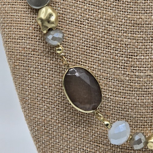 Retro Neutral Pop Faceted Beaded Necklace Bracelet Set Grey White Gold Tone - Picture 8 of 16