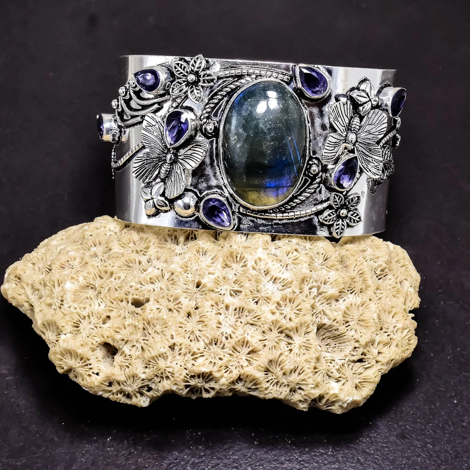 925 Sterling Silver Labradorite Gemstone Jewelry Handmade Cuff Bracelet - Image 4 of 4