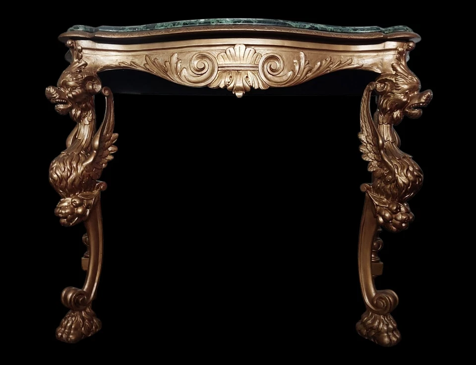 CONSOLE DE MESA RENASCENTISTA GÓTICO ANTIGO FIGURA GÁRGULAS ESCULPIDAS EM MADEIRA MÁRMORE - Imagem 2 de 4