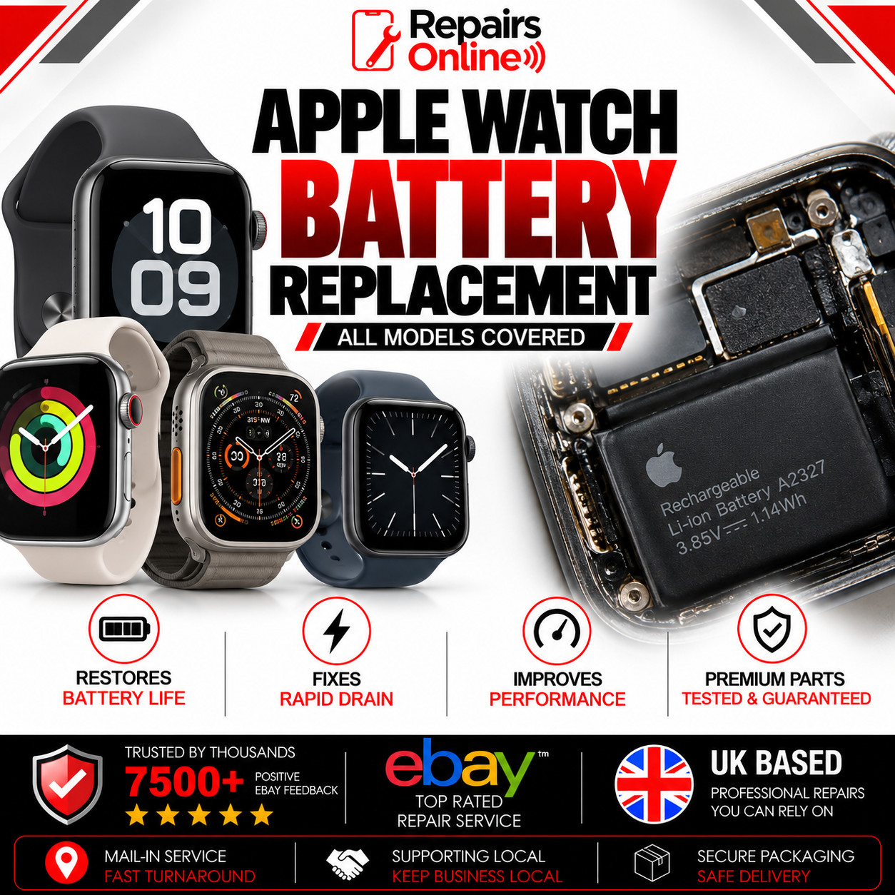 Apple Watch New Battery Replacement Repair Service - All Models Supported