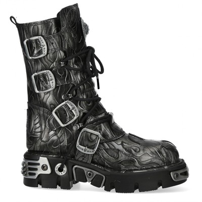 New Rock M-591-C63 Metallisch Schwarzer Stahl Flammen Gothic Wadenhoch Hoch Punk