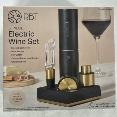 Rabbit 5 Piece Electric Wine Aerator & Corkscrew Set Black & Gold