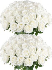 50 Pcs Artificial Roses In Bulk, Fake Silk Roses Realistic White Roses-FGQ