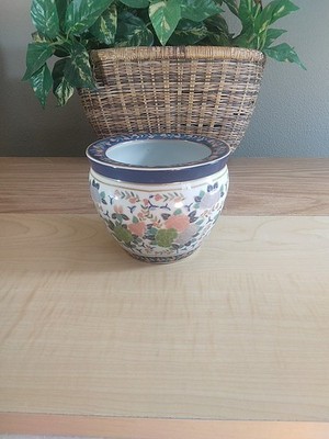  Ming Dynasty  5'' Fish Bowl Planter Vase Pottery Floral Cobalt Blue, Pink, Gold