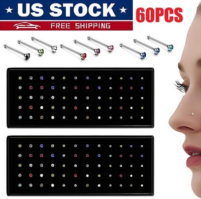 60PCS Stud Nose Rings Bone Stud Stainless Steel Color Pin Jewelry Piercing Body