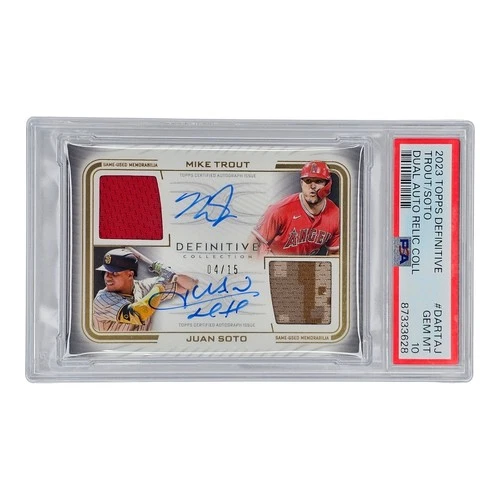 2023 Topps Definitive Dual Auto Relic Jsy Mike Trout Juan Soto #'d /15 PSA 10