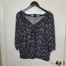 INC International Concepts V-Neck Tie Blouse Blue Women's XL Casual Boho