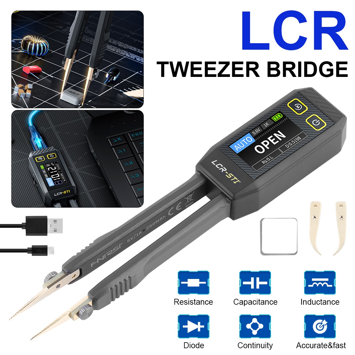 FNIRSI LCR-ST1 Mini Smart Tweezer LCR SMD ESR Tester Ohm Capacitance Diode Test*