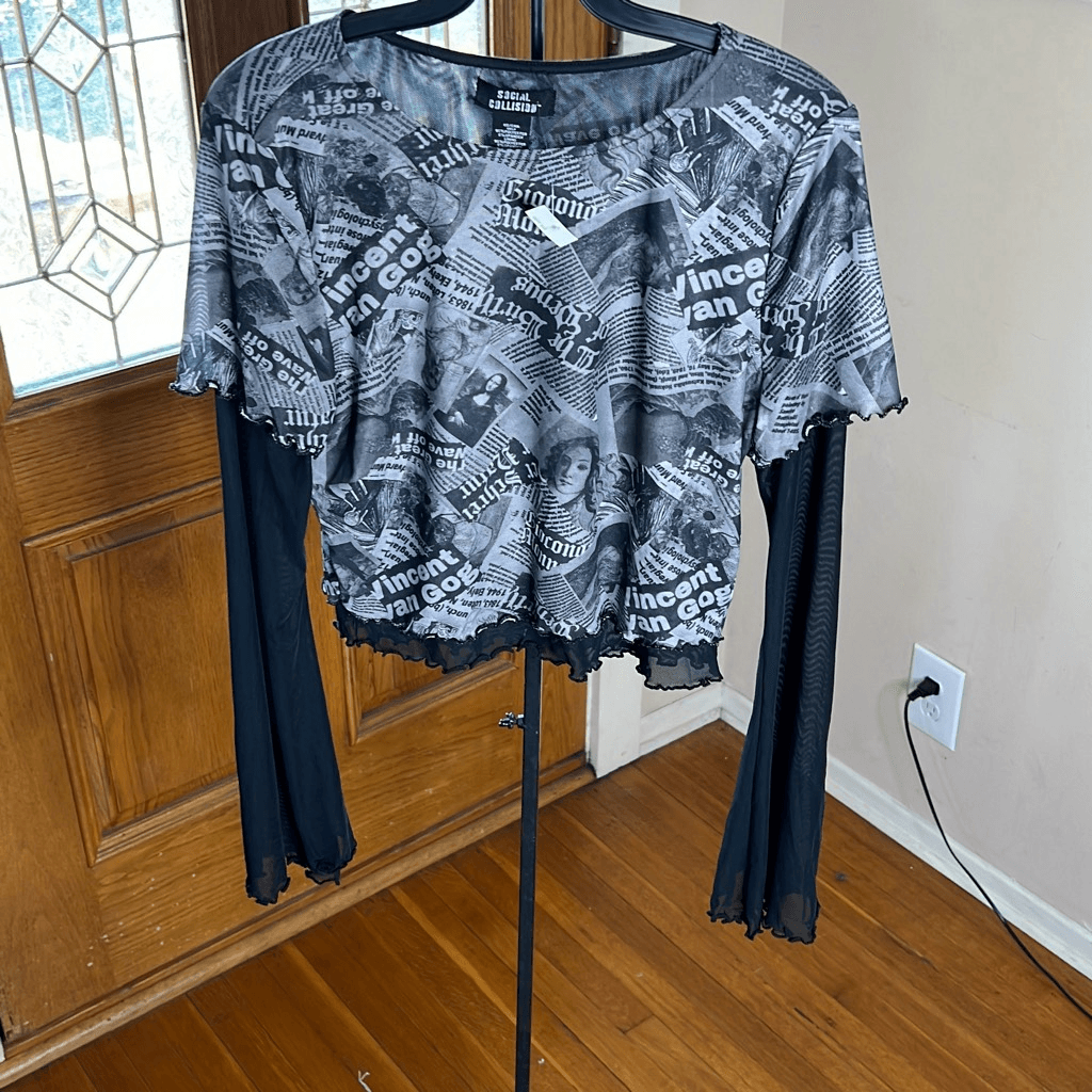 Hot Topic Social Collision Newsprint Mesh Sleeve Girls Twofer Top