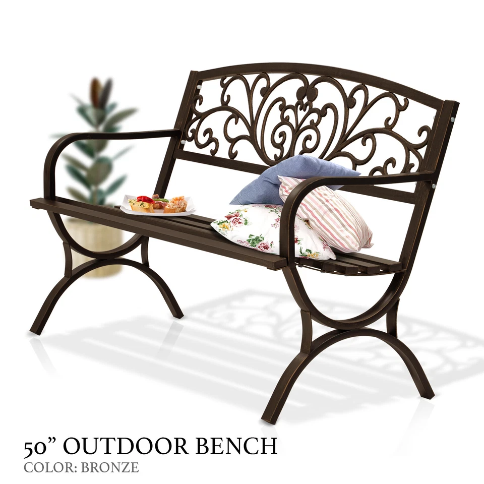 50" Outdoor Patio Seat Garden Bench Cast Iron Porch Park Lawn Yard Bronze Floral - Image 2 of 4