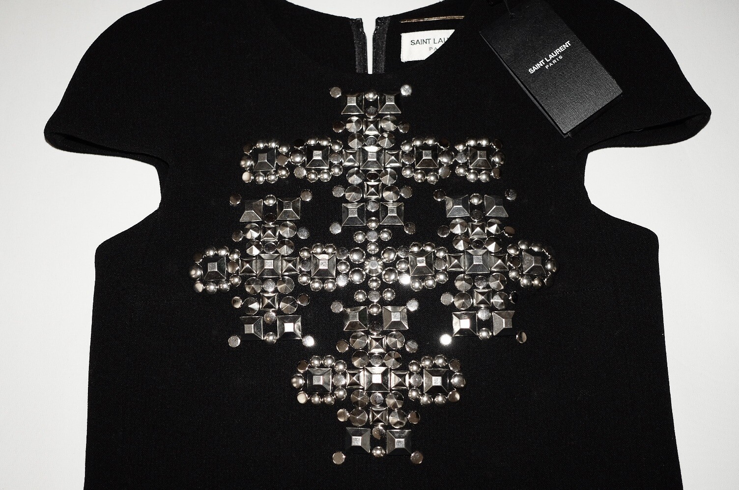 Mini abito a croce borchie Saint Laurent in lana nera taglia FR 34 US 2