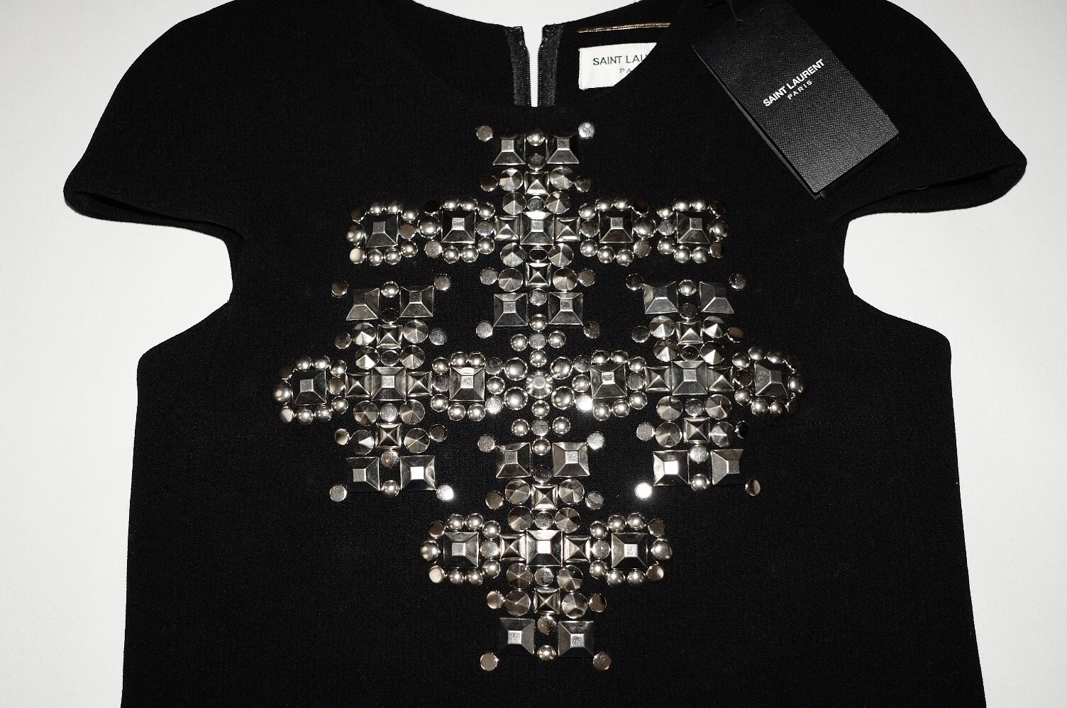 SAINT LAURENT (YSL) Mini abito a croce borchie Saint Laurent in lana nera taglia FR 34 US 2