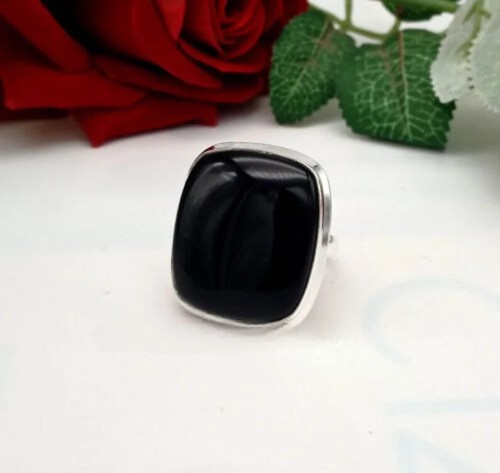 Bague Agate Noire Large 16-18mm En Argent 925 Sterling - Ronde Ou Carrée, Tailles 52-70mm, Style Vintage Punk