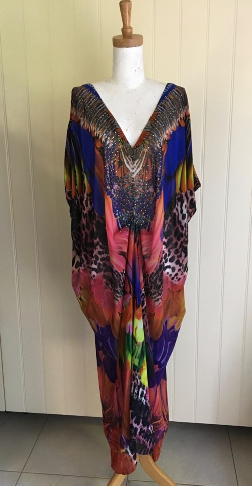 KAFTAN Maxi V-neck Split short sleeve Cotton mix chiffon Diamante Free Sz Dress