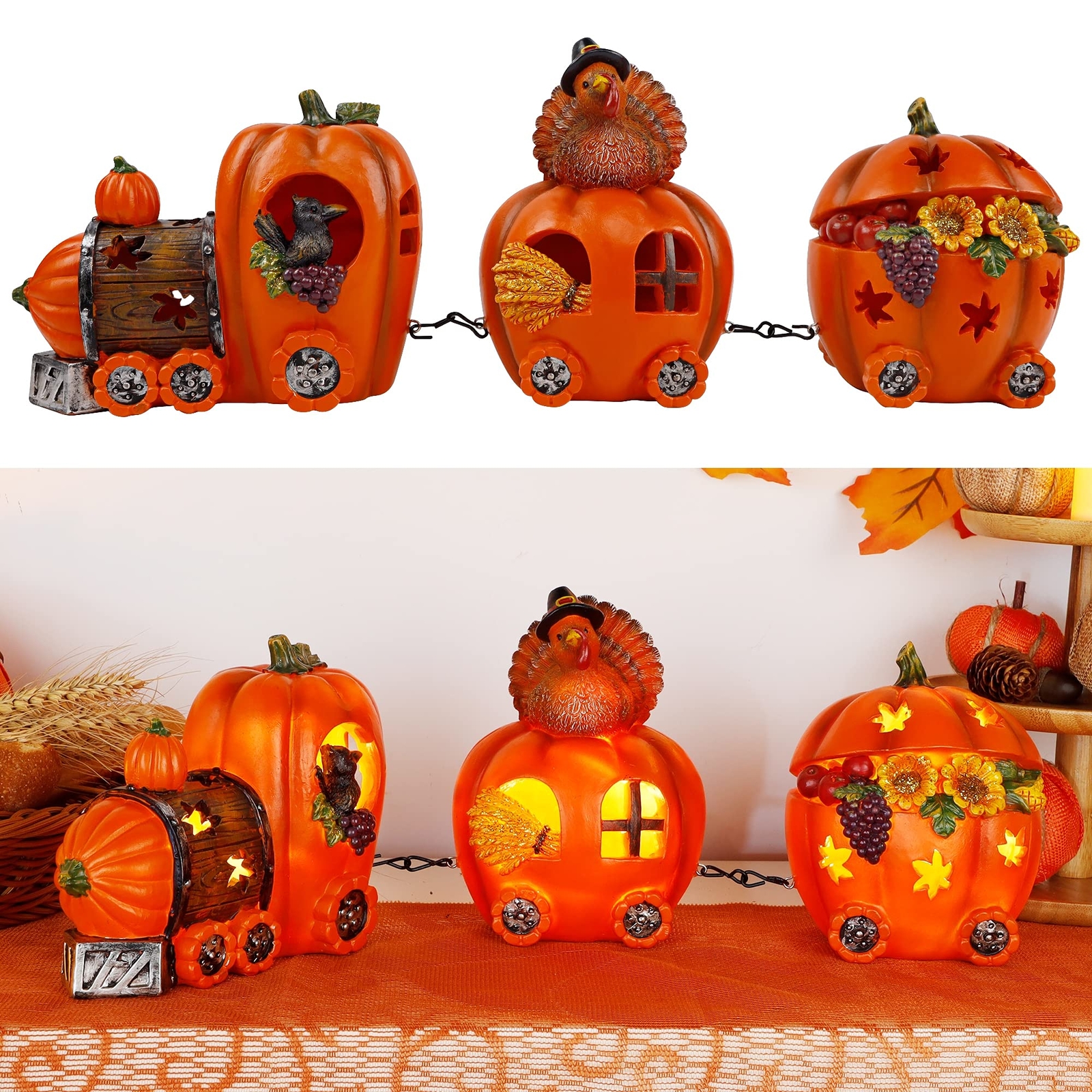 Thanksgiving Table Decorations, Thanksgiving Lighted Pumpkin Train Decoration...