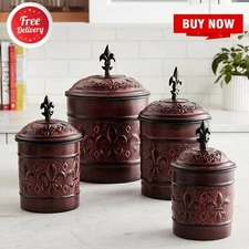 Rustic Style Kitchen Canister Set Antique Copper Jar Storage Coffee Sugar Flour