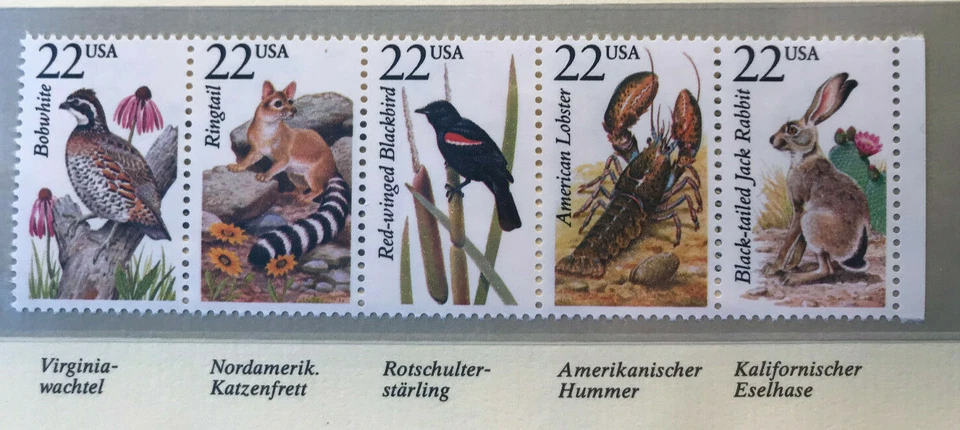 USA 1987 5er-Streifen Wachtel Katzenfrett Stärling Hummer Hase postfrisch - Bild 1 von 1