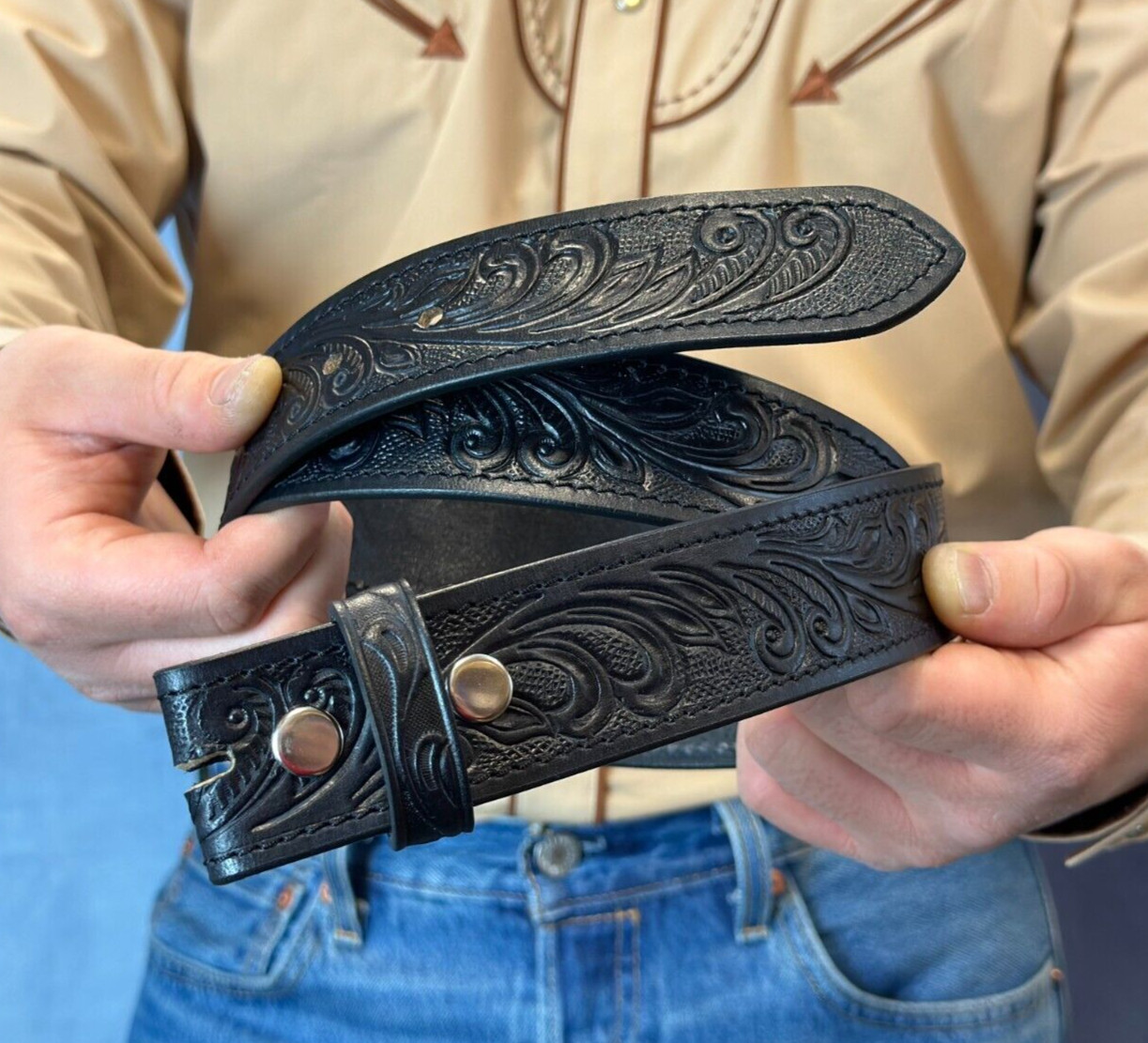 Western Belt Handmade Strap Men's Full Grain Leather No Buckle Cowboy Rodeo Belt