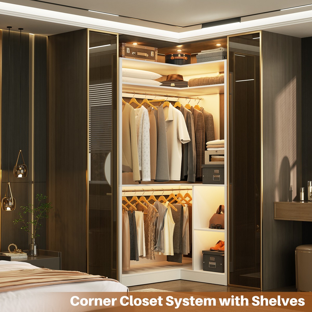 34in Corner Closet System with Shelves ＆ 2 Hanging Rods,Walk-in
