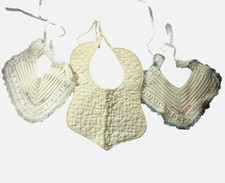Set Of 3 Vtg Baby Bibs Quilted Crochet Lace Handmade White Pink Blue Accents