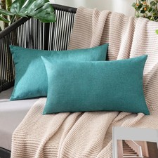 Set of 2 Outdoor Waterproof Throw Pillow Covers 20x12 - Faux Linen Patio Cushion