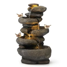 Natural 5-Tiered Stacked Stone Polyresin Outdoor Fountain with Birds, Pump an...