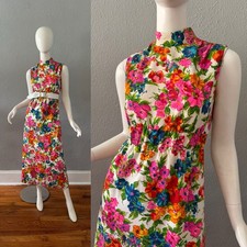Vintage 60s Psychedelic Colorful Mock Floral Hawaii Barkcloth Maxi Dress S/M
