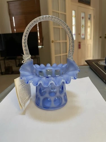 Fenton Cobalt Opalescent Coin Dot Hat Basket