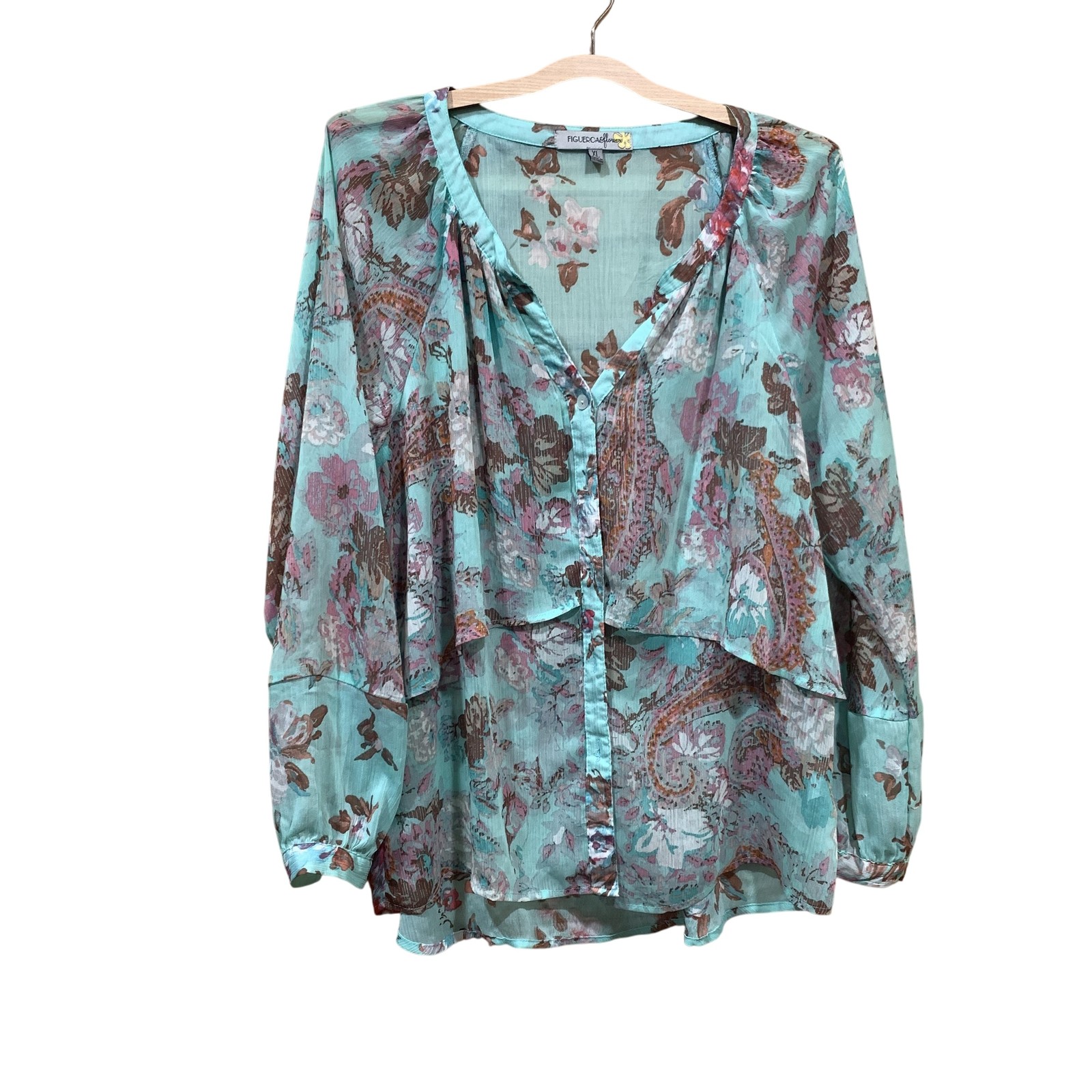 Figueroa & Flower Blouse Women’s XL Teal Floral Sheer Button Front Paisley Boho