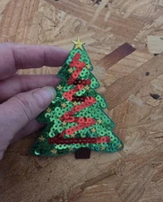 Christmas Tree - Green & Red Sequins Iron On Applique Patch - Crafts