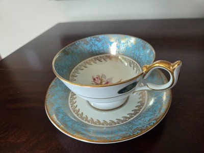 AYNSLEY FINE BONE CHINA CUP & SAUCER Blue TURQUOISE w/ GOLD FILIGREE ROSE CENTER