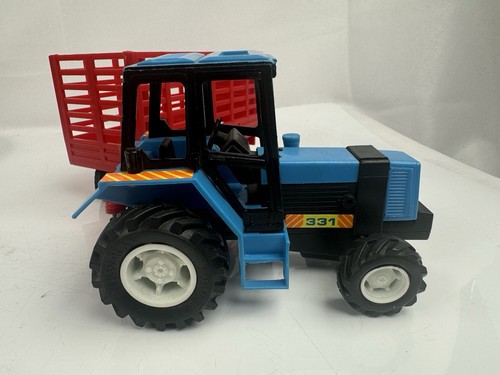 New-Ray Blue 331 Tractor Red Hay Wagon Trailer Toy Collectible - Picture 5 of 11