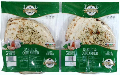 Leicester handgemachtes Knoblauch und Koriander Naans Brot vegan koscher 2 x 5 Stück Packung