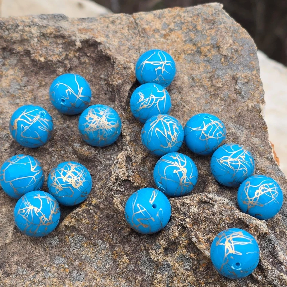 15 cuentas ligeras de acrílico vintage azul verdoso y dorado de 18 mm para garabatos años 80 Foto 2 de 3